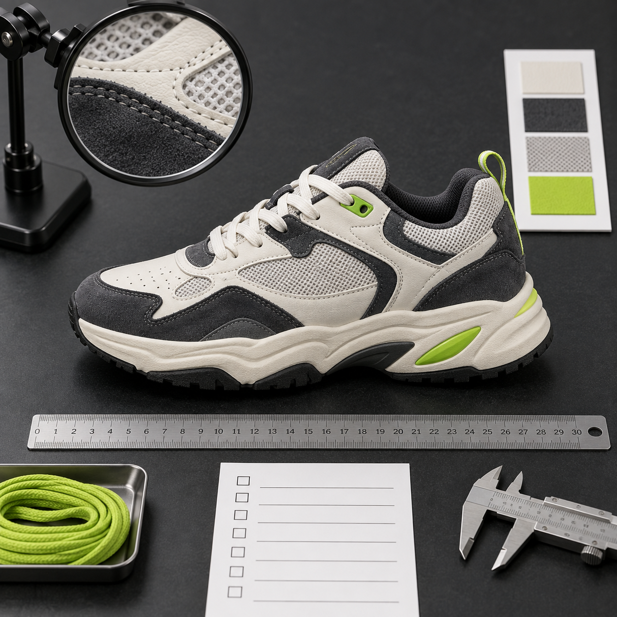 Sneaker undergoing a detailed quality-control inspection