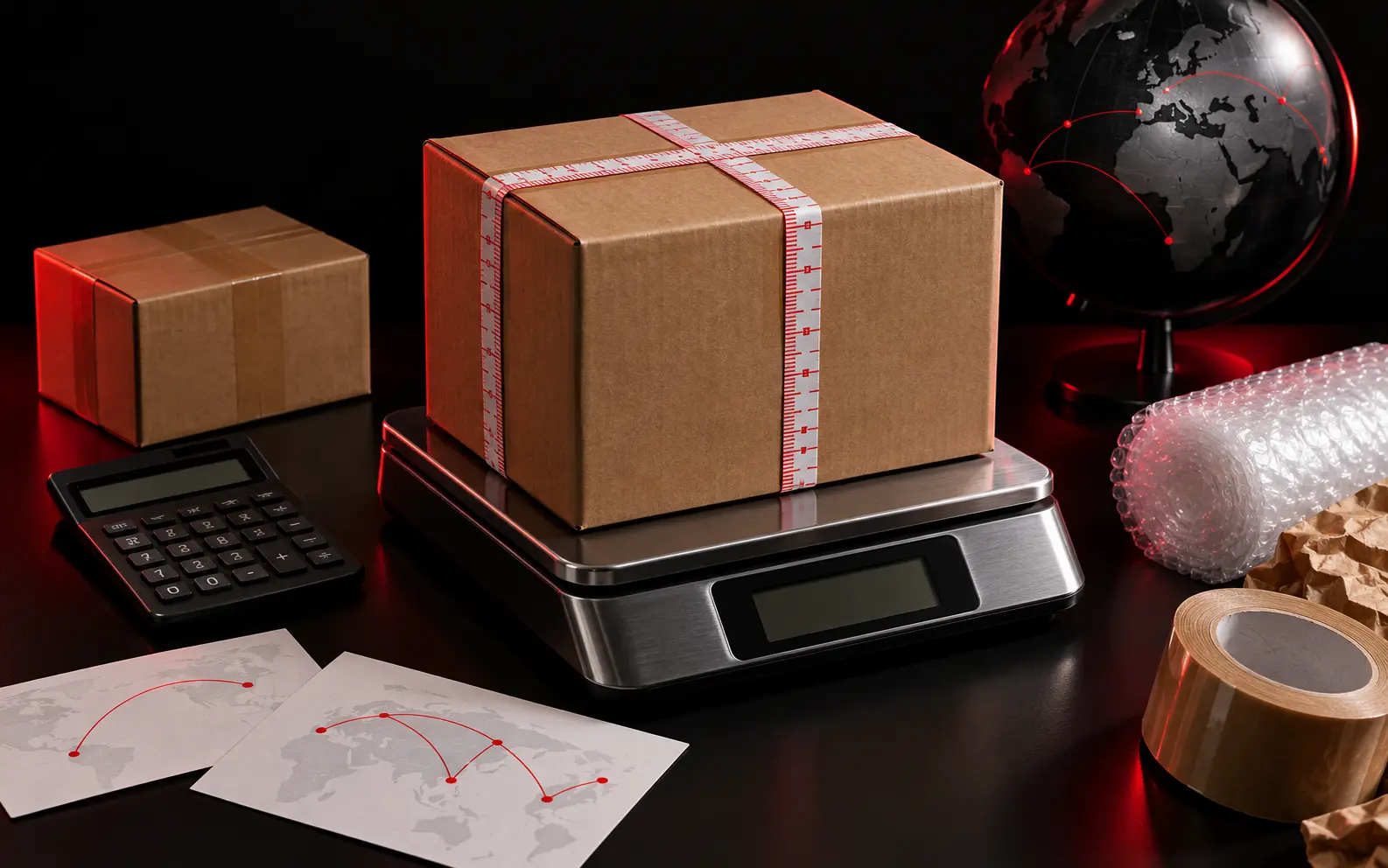 Parcel on a shipping scale with dimensional measuring tape and route planning materials